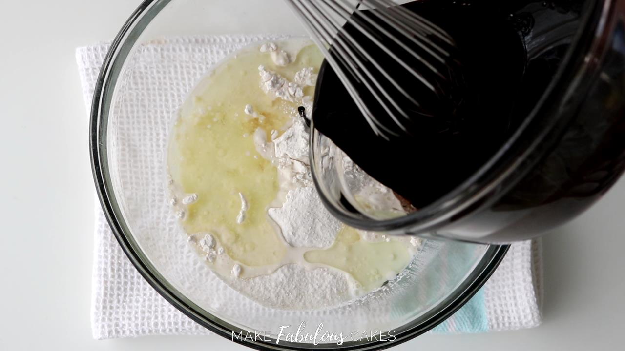 black cocoa cupcakes recipe: mix dry and wet ingredients