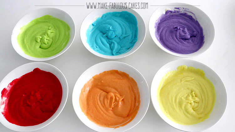 mixing gel colors to make rainbow cupcake batter