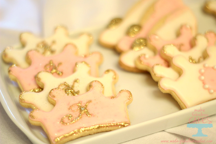 Pink and gold crown cookies