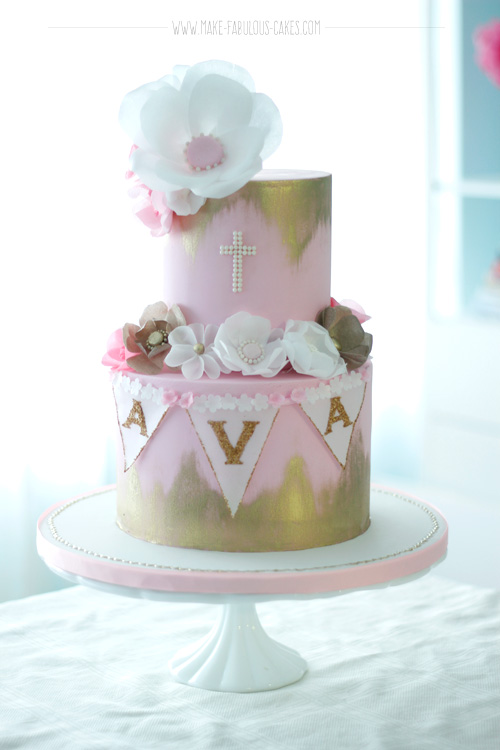 baptism cake, wafer paper flowers